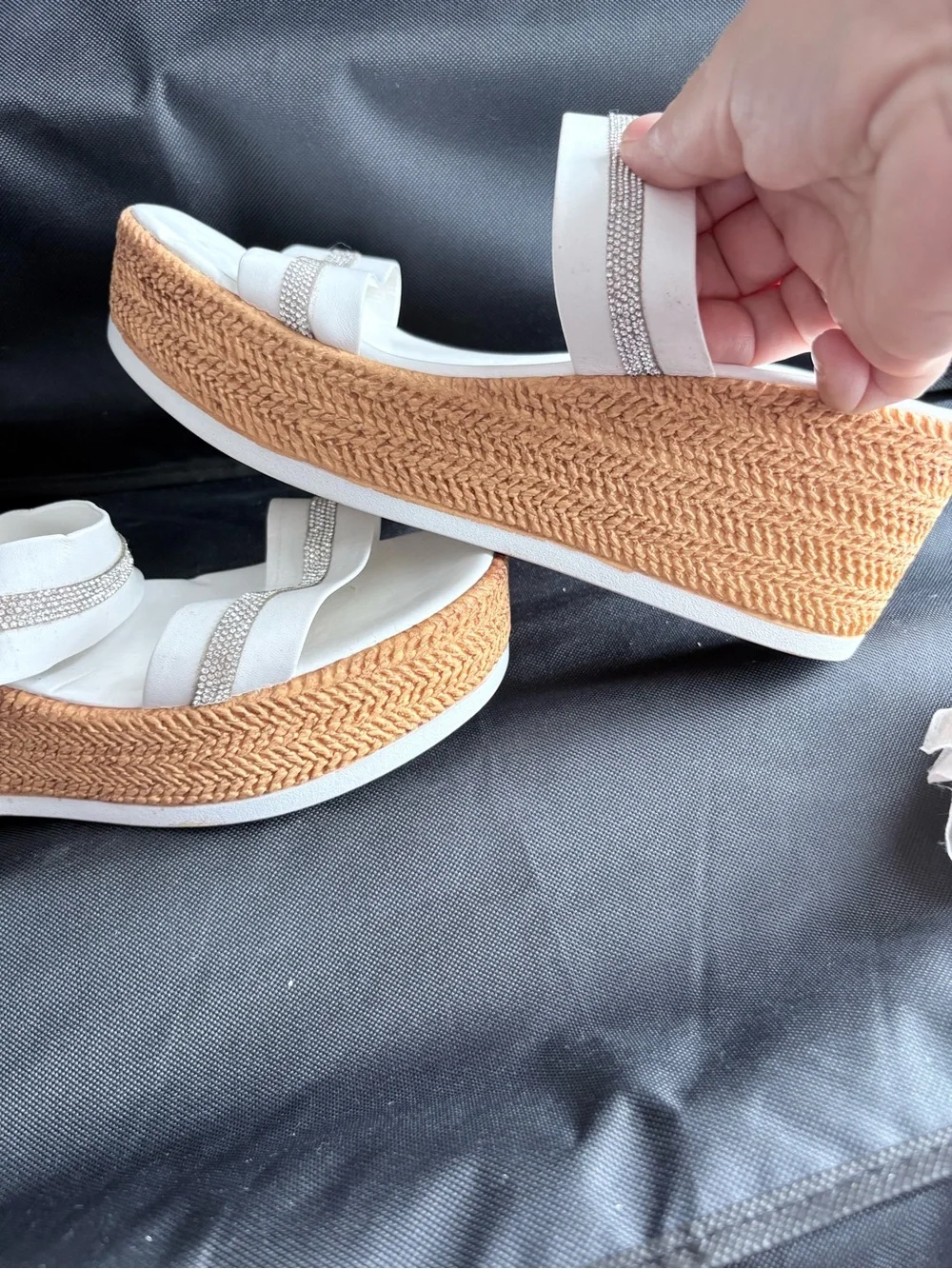 Italian Shoemakers White Wedge Sandals with Rhinestone Straps